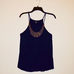 Navy tank with jeweled neckline